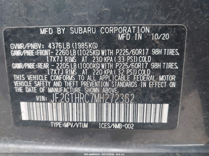 2021 Subaru Crosstrek Sport VIN: JF2GTHRC7MH272362 Lot: 44864425