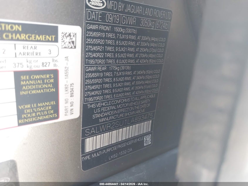 2020 Land Rover Range Rover Sport Hse Mhev VIN: SALWR2SU1LA893475 Lot: 44864441