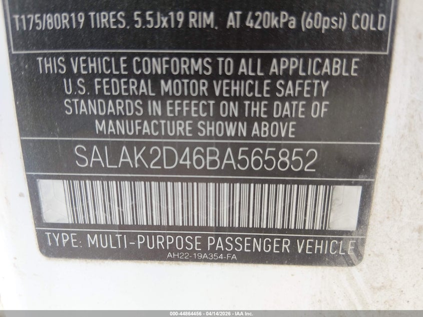 2011 Land Rover Lr4 VIN: SALAK2D46BA565852 Lot: 44864456