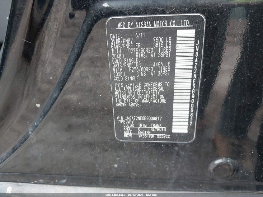 2011 Infiniti Qx56 VIN: JN8AZ2NE5B9006812 Lot: 44864462