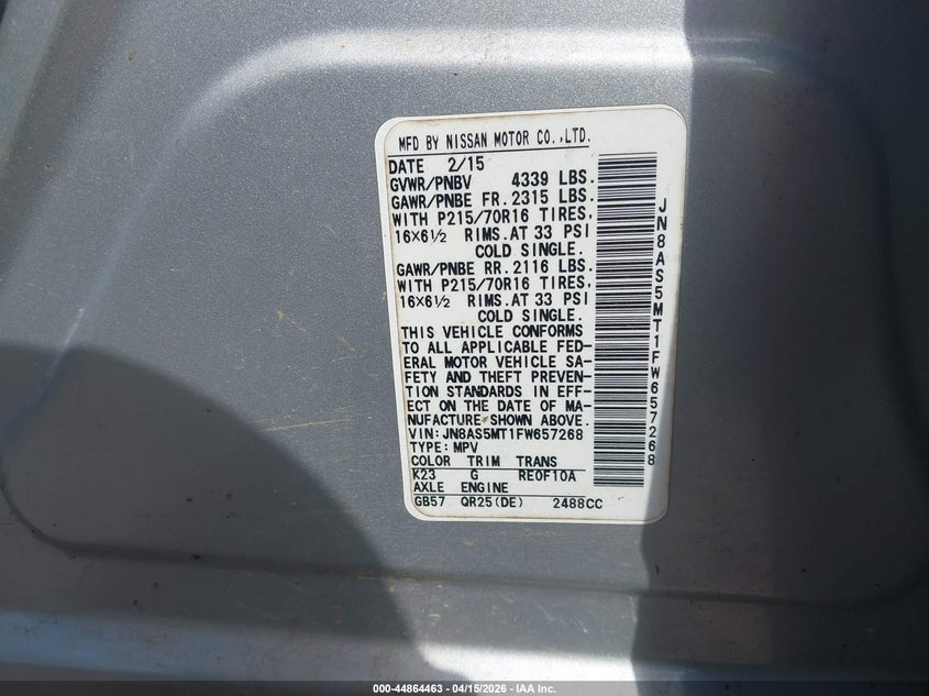 2015 Nissan Rogue Select S VIN: JN8AS5MT1FW657268 Lot: 44864463