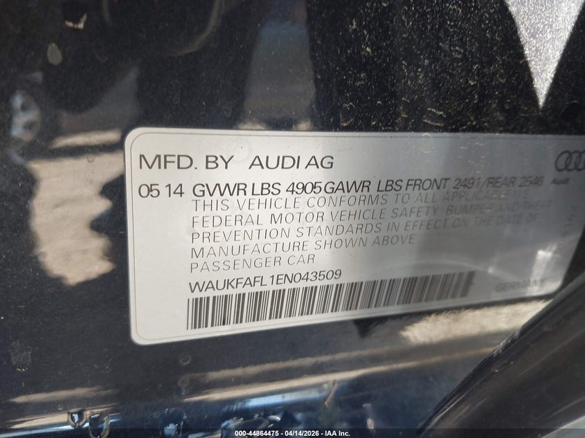 2014 Audi A4 2.0T Premium VIN: WAUKFAFL1EN043509 Lot: 44864475