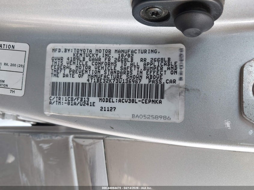 2003 Toyota Camry Le VIN: 4T1BE32K73U136967 Lot: 44864478