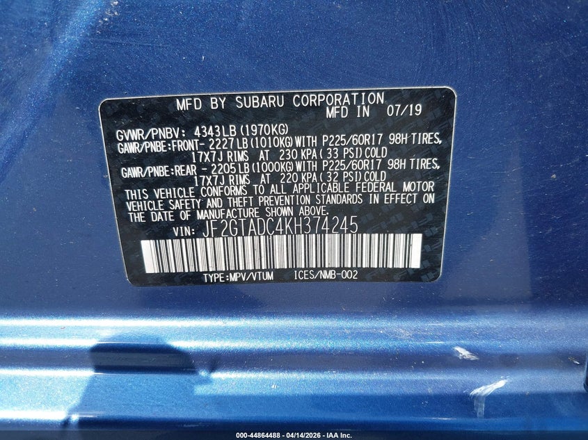 2019 Subaru Crosstrek 2.0I Premium VIN: JF2GTADC4KH374245 Lot: 44864488