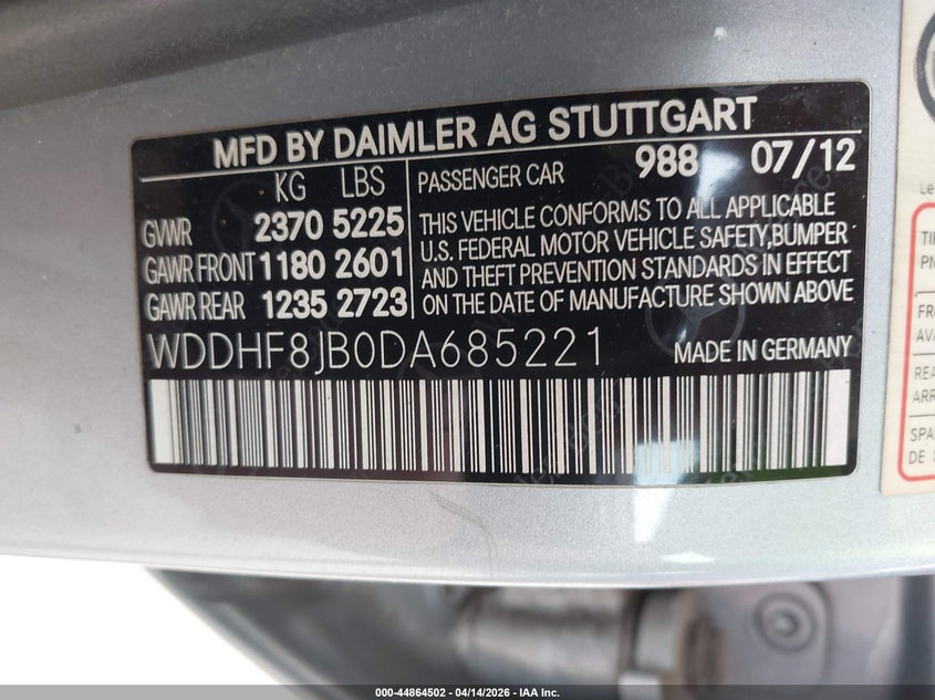 2013 Mercedes-Benz E 350 4Matic VIN: WDDHF8JB0DA685221 Lot: 44864502