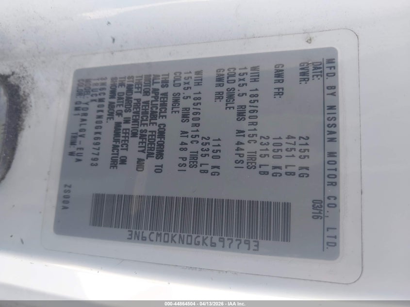 2016 Nissan Nv200 Sv VIN: 3N6CM0KN0GK697793 Lot: 44864504