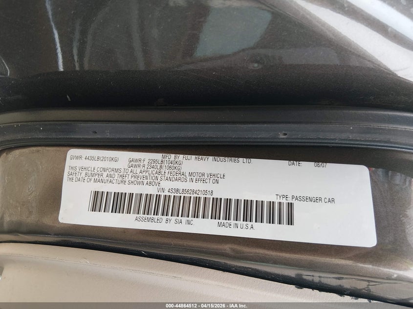 2008 Subaru Legacy 3.0R Limited VIN: 4S3BL856284210518 Lot: 44864512