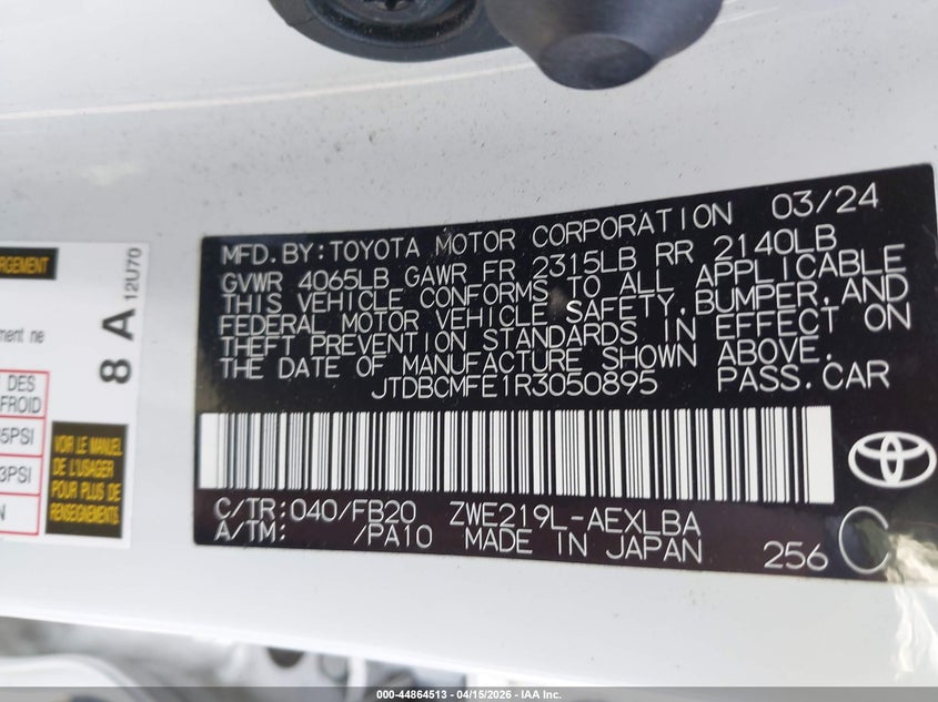 2024 Toyota Corolla Hybrid Le VIN: JTDBCMFE1R3050895 Lot: 44864513