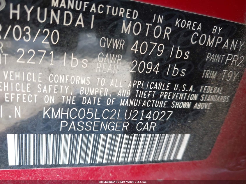 VIN KMHC05LC2LU214027 2020 HYUNDAI IONIQ HYBRID LIMITED