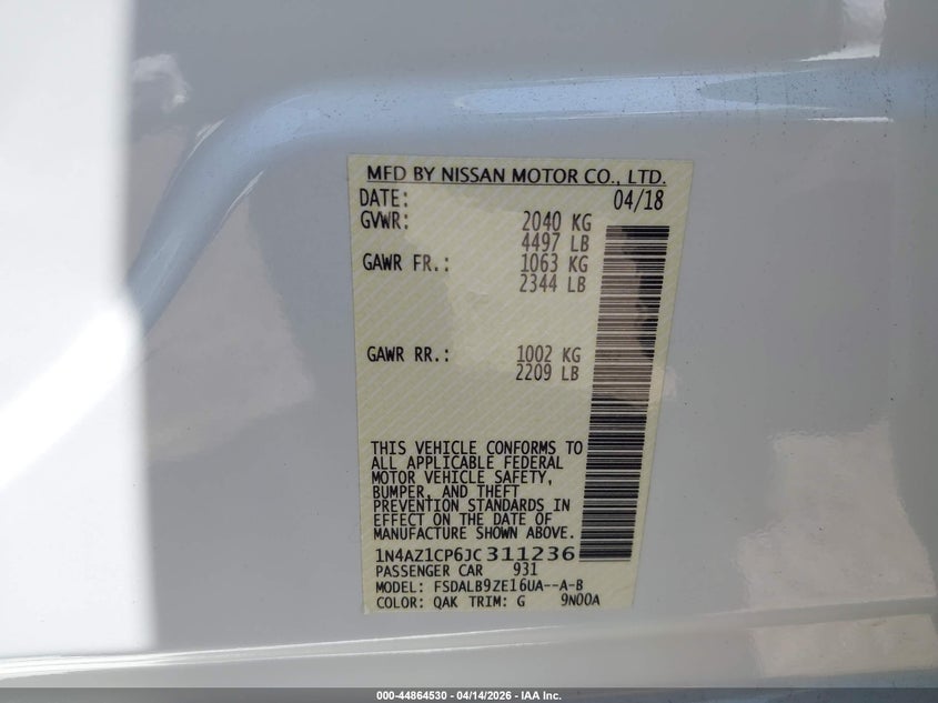 2018 Nissan Leaf S VIN: 1N4AZ1CP6JC311236 Lot: 44864530