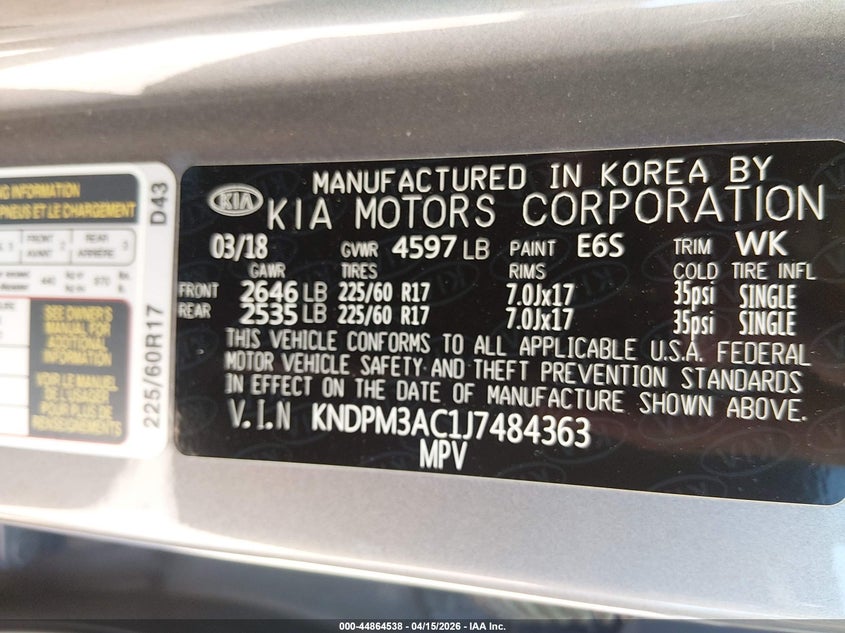 2018 Kia Sportage Lx VIN: KNDPM3AC1J7484363 Lot: 44864538