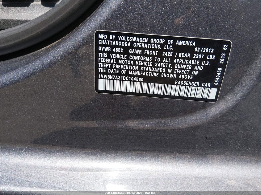 2013 Volkswagen Passat 2.0L Tdi Se VIN: 1VWBN7A31DC104560 Lot: 44864540