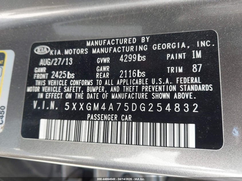 2013 Kia Optima Lx VIN: 5XXGM4A75DG254832 Lot: 44864548