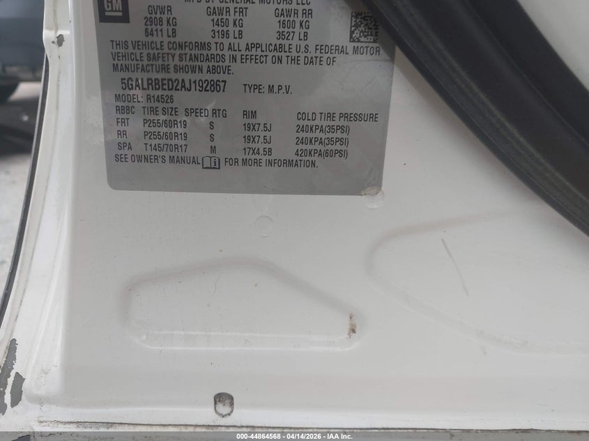 2010 Buick Enclave 1Xl VIN: 5GALRBED2AJ192867 Lot: 44864568