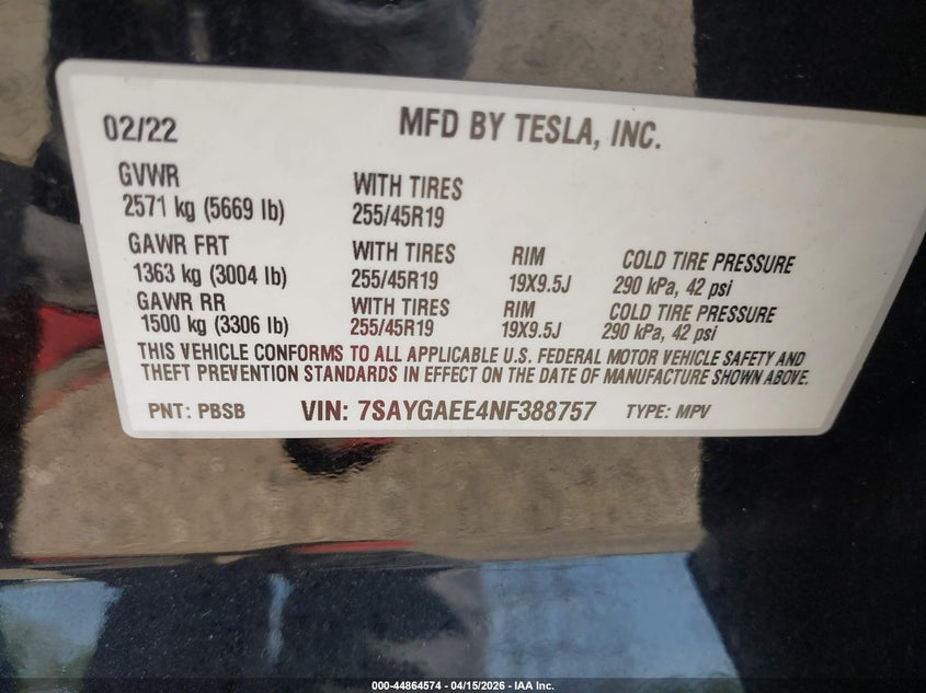 2022 Tesla Model Y Long Range Dual Motor All-Wheel Drive VIN: 7SAYGAEE4NF388757 Lot: 44864574