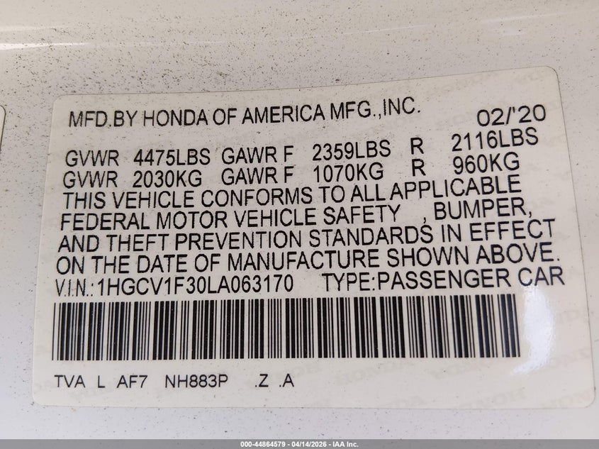 VIN 1HGCV1F30LA063170 2020 HONDA ACCORD SPORT