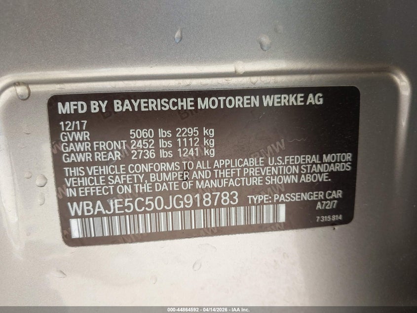 2018 BMW 540I VIN: WBAJE5C50JG918783 Lot: 44864592