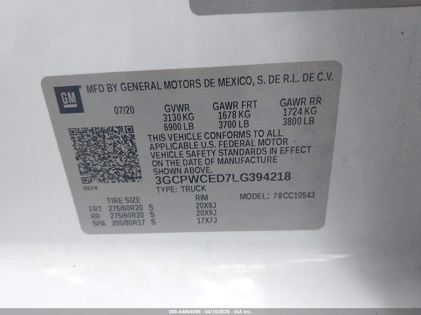2020 Chevrolet Silverado 1500 2Wd Short Bed Lt VIN: 3GCPWCED7LG394218 Lot: 44864596