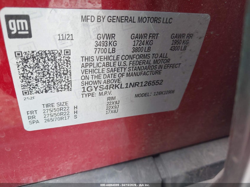 2022 Cadillac Escalade Esv 4Wd Sport Platinum VIN: 1GYS4RKL1NR126552 Lot: 44864599