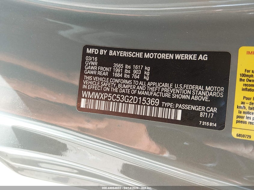 2016 Mini Hardtop Cooper VIN: WMWXP5C53G2D15369 Lot: 44864602