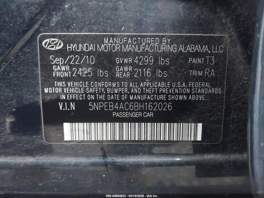 2011 Hyundai Sonata Gls VIN: 5NPEB4AC6BH162026 Lot: 44864622