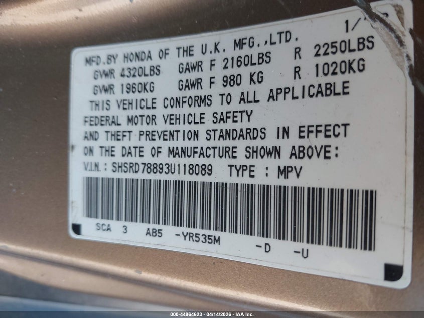 2003 Honda Cr-V Ex VIN: SHSRD78893U118089 Lot: 44864623