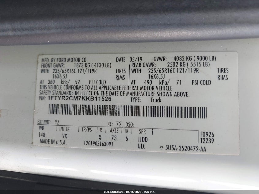 2019 Ford Transit-250 VIN: 1FTYR2CM7KKB11526 Lot: 44864626