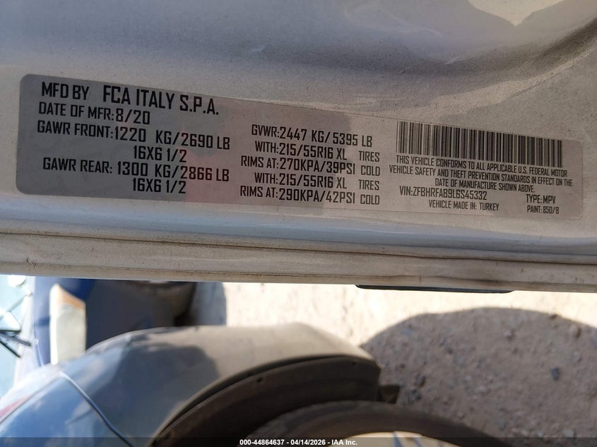 2020 Ram Promaster City Tradesman VIN: ZFBHRFAB9L6S45332 Lot: 44864637