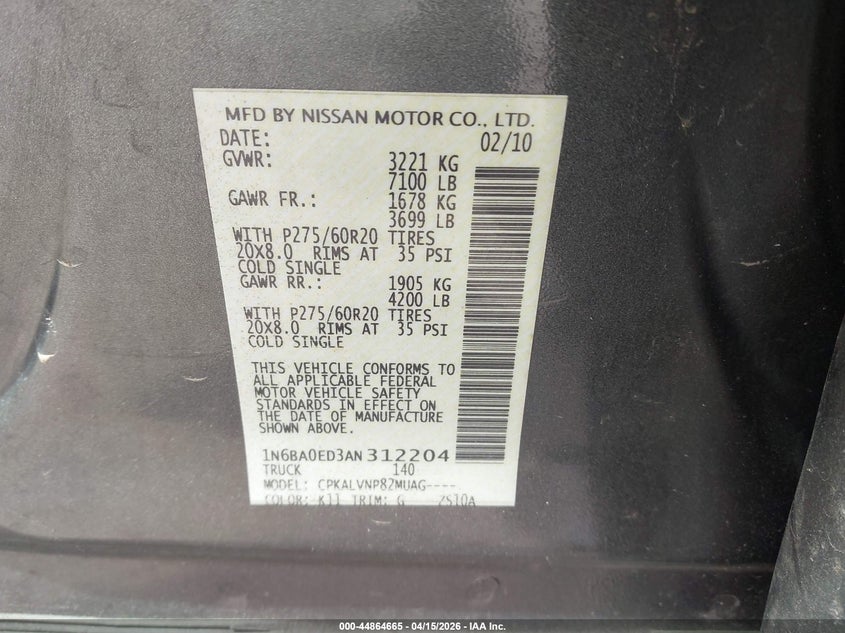 2010 Nissan Titan Le VIN: 1N6BA0ED3AN312204 Lot: 44864665