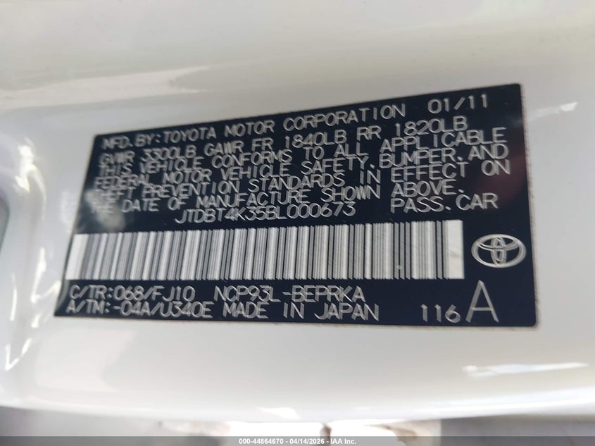 2011 Toyota Yaris VIN: JTDBT4K35BL000673 Lot: 44864670
