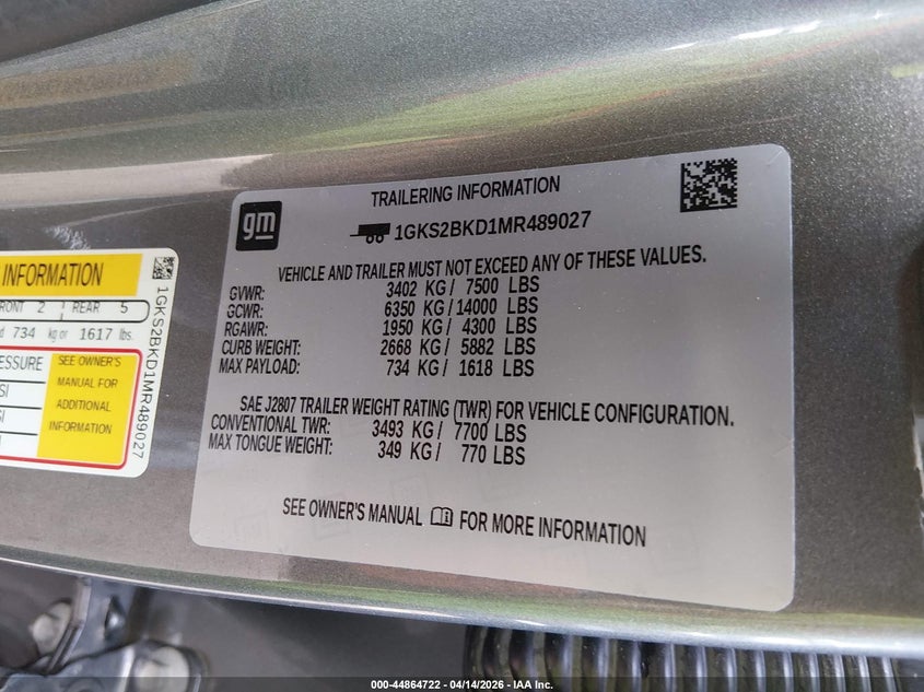 2021 Gmc Yukon 5.3 4Wd Slt grey Lot 111044864722 Vin 1GKS2BKD1MR489027