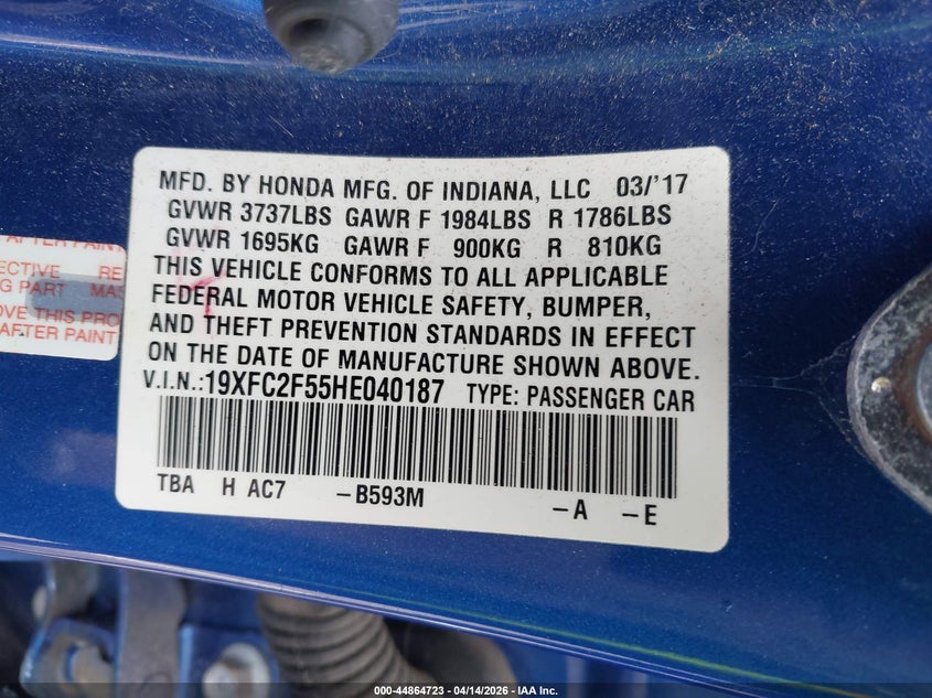 VIN 19XFC2F55HE040187 2017 HONDA CIVIC LX