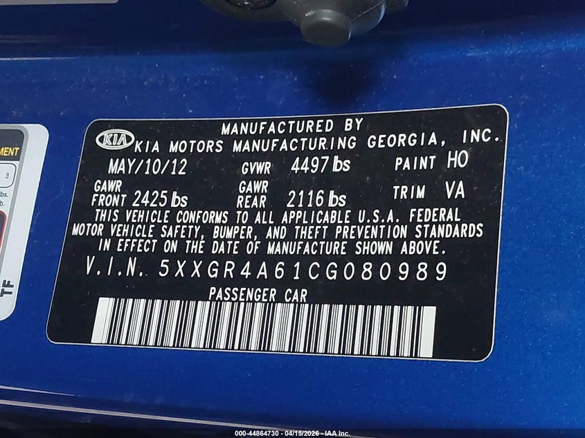 5XXGR4A61CG080989 2012 Kia Optima 2.0 Sx blue
