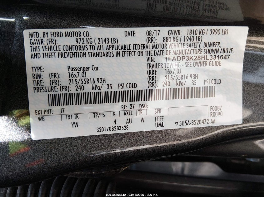 2017 Ford Focus Se VIN: 1FADP3K28HL331647 Lot: 44864742