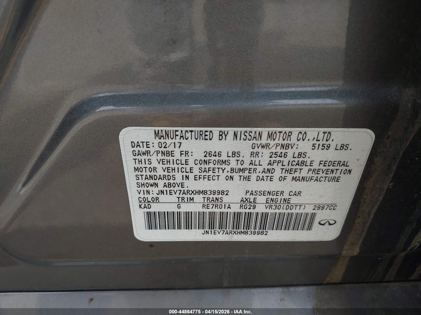 2017 Infiniti Q50 3.0T Premium VIN: JN1EV7ARXHM839982 Lot: 44864775