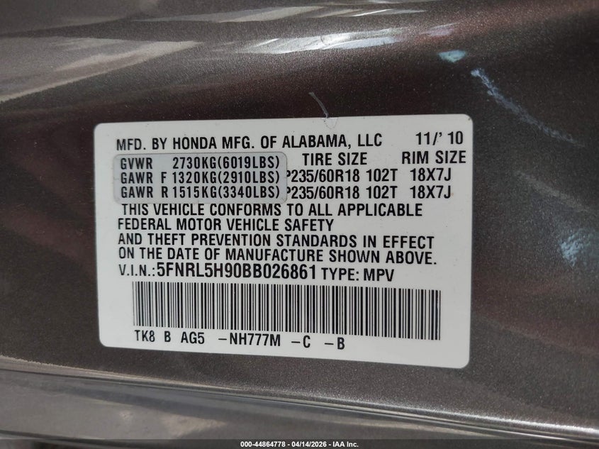 2011 Honda Odyssey Touring/Touring Elite VIN: 5FNRL5H90BB026861 Lot: 44864778