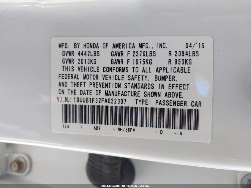 2015 Acura Tlx VIN: 19UUB1F32FA022007 Lot: 44864786