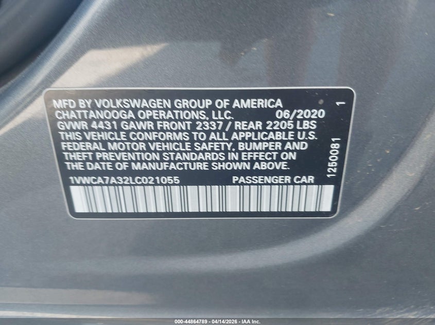 2020 Volkswagen Passat 2.0T Sel VIN: 1VWCA7A32LC021055 Lot: 44864789