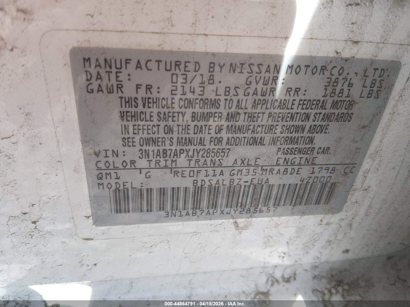 2018 Nissan Sentra S VIN: 3N1AB7APXJY285657 Lot: 44864791