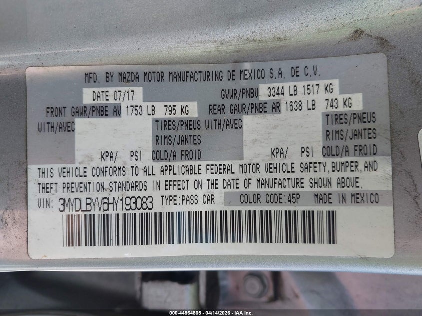 2017 Toyota Yaris Ia VIN: 3MYDLBYV6HY193083 Lot: 44864805