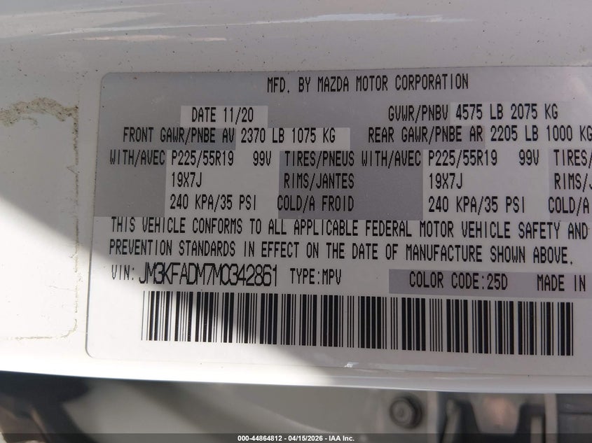 2021 Mazda Cx-5 Grand Touring VIN: JM3KFADM7M0342861 Lot: 44864812