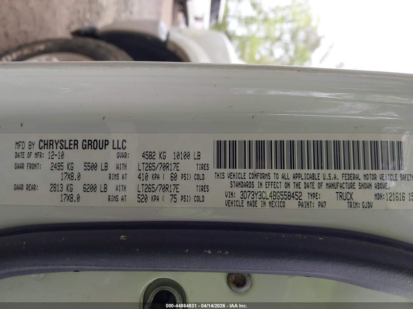 2011 Ram Ram 3500 Laramie VIN: 3D73Y3CL4BG558452 Lot: 44864831