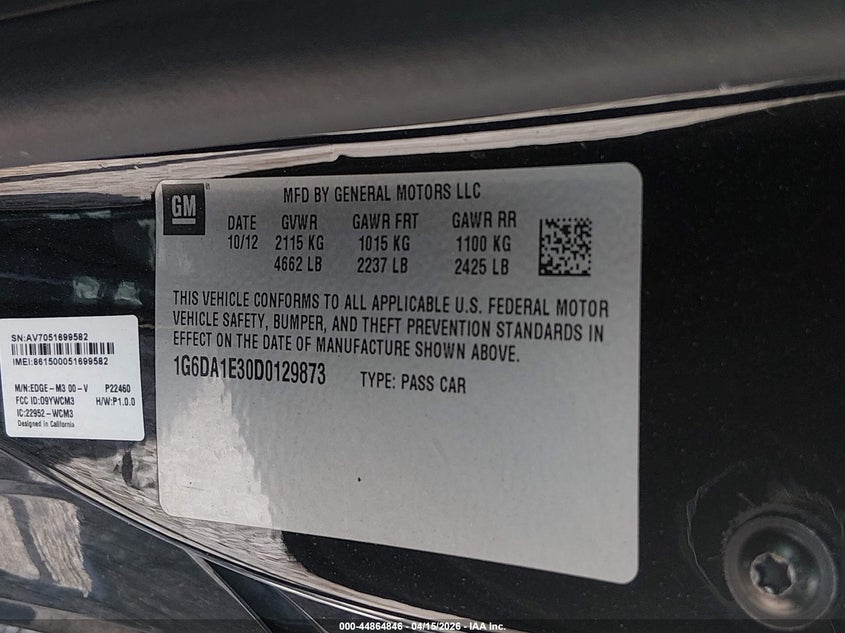 2013 Cadillac Cts Standard VIN: 1G6DA1E30D0129873 Lot: 44864846