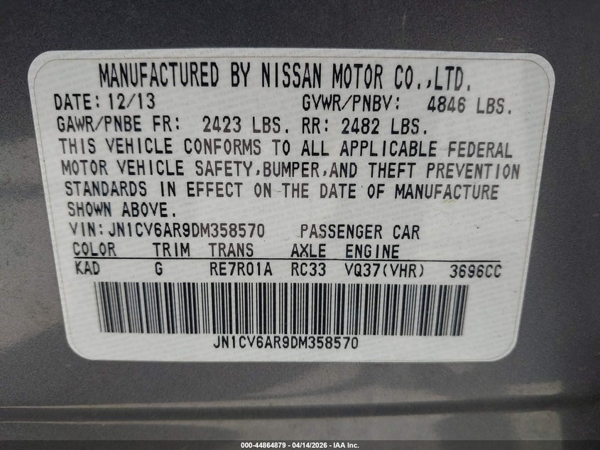 2013 Infiniti G37X VIN: JN1CV6AR9DM358570 Lot: 44864879