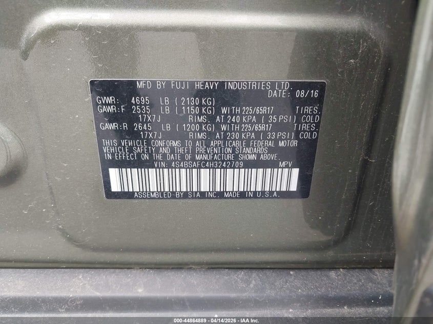 2017 Subaru Outback 2.5I Premium VIN: 4S4BSAFC4H3242709 Lot: 44864889