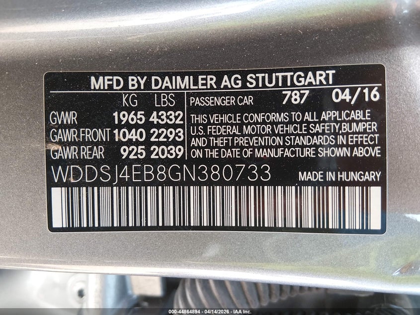 2016 Mercedes-Benz Cla 250 VIN: WDDSJ4EB8GN380733 Lot: 44864894