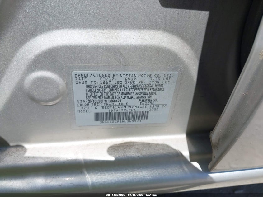 2017 Nissan Versa Note Sv VIN: 3N1CE2CP1HL368479 Lot: 44864906