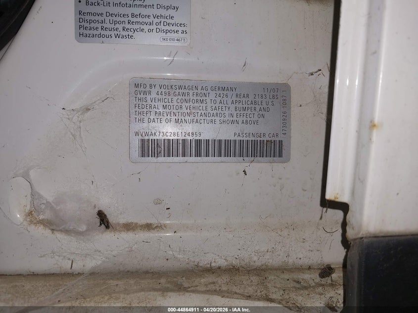 2008 Volkswagen Passat Komfort VIN: WVWAK73C28E124959 Lot: 44864911