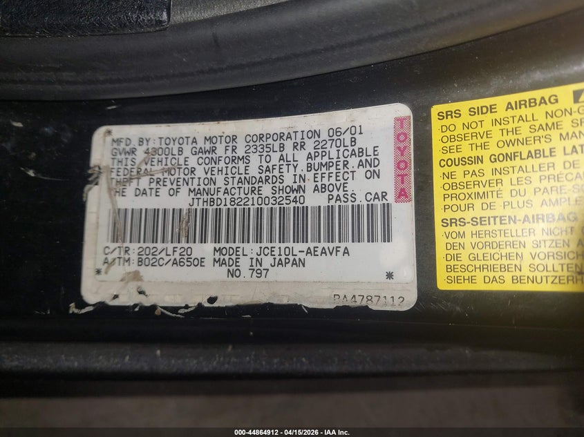 2001 Lexus Is 300 VIN: JTHBD182210032540 Lot: 44864912