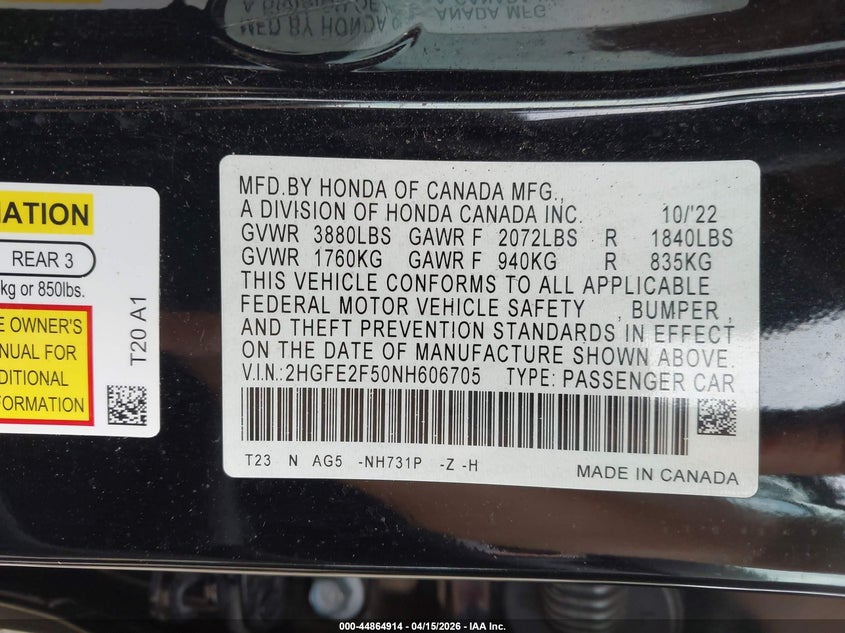 VIN 2HGFE2F50NH606705 2022 HONDA CIVIC SPORT